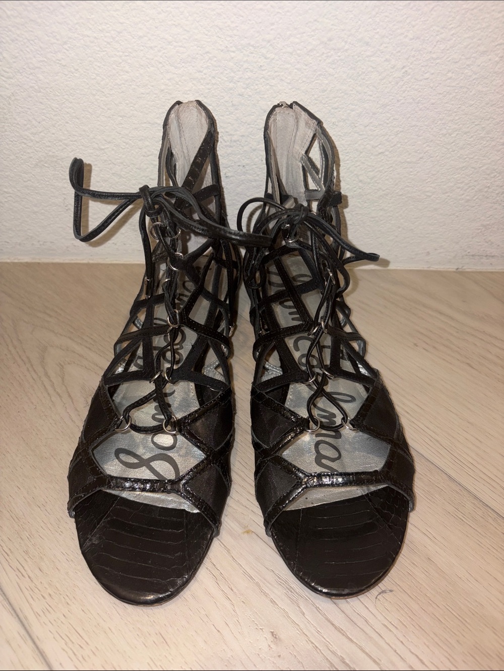 Sam Edelman Black Lace-Up Caged Heels